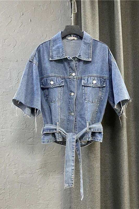 

Short Sleeved Casual Denim Jacket for Women Summer 2021 Loose Short Sleeve Jean Jacket Lady Korean Plus Size Blue Coat