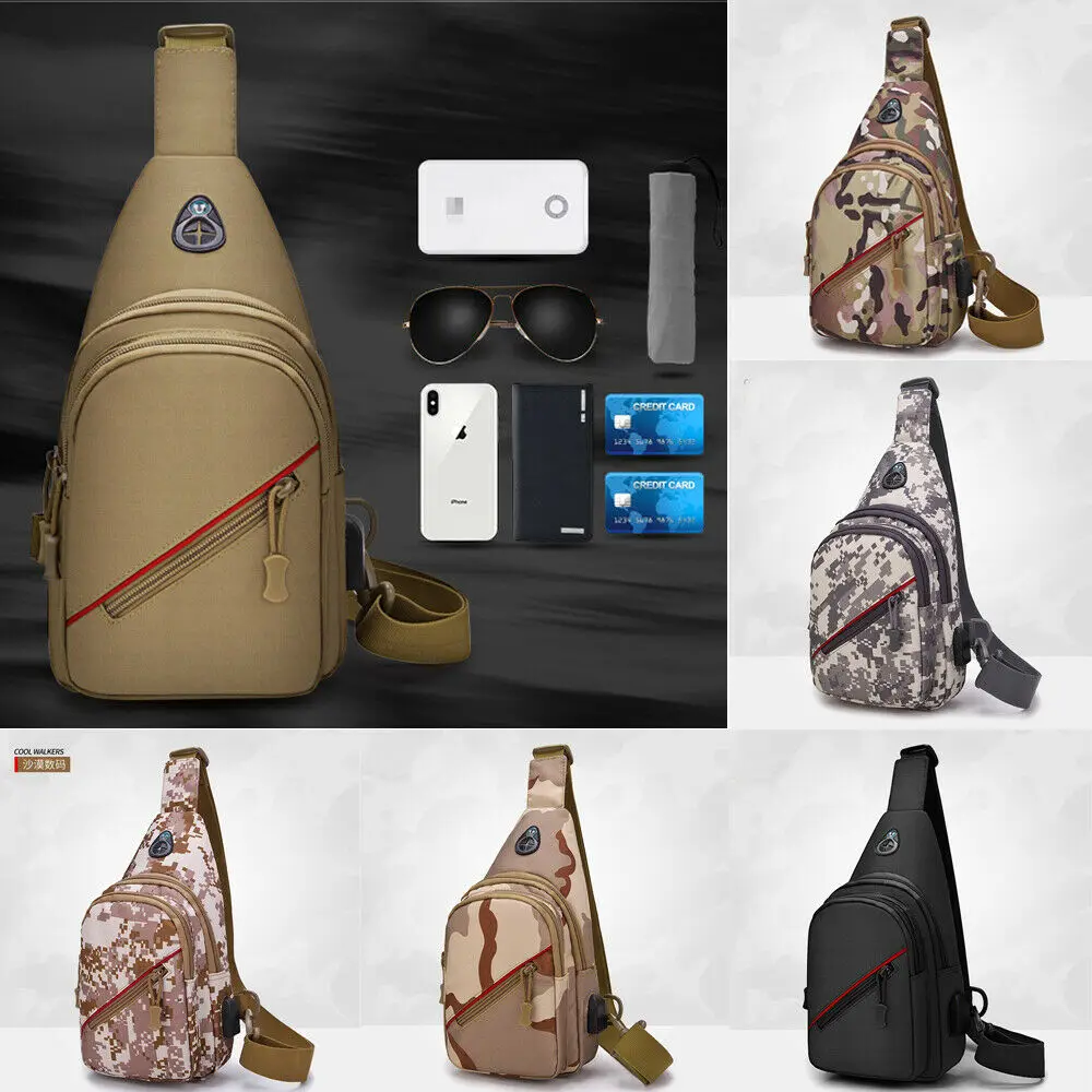

Classic Men's Chest Pack Tactical Camouflage Strap Crossbody Fashion Shoulder Bag + USB Interface Headphone Hole