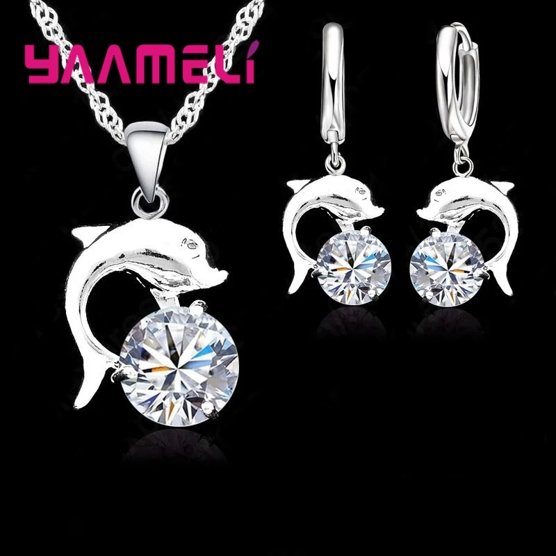 

925 Sterling Silver Jewelry Sets for Women Grils Wedding Engagement CZ Diamond Dolphin Pendant Necklace Hoop Earrings