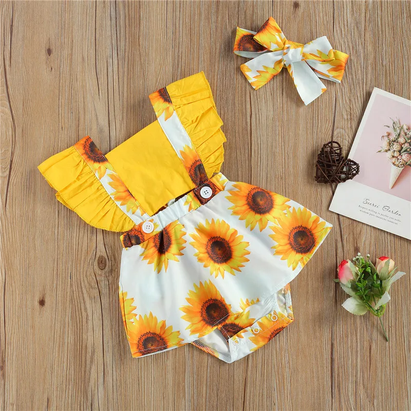 

0-24M Newborn Kid Baby Girl 2Pcs Summer Outfits, Fashion Sunflower Print Square Collar Sleeveless Romper + Cute Bowknot Headband