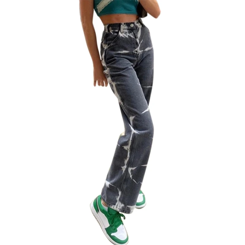

2021 New Women High Waist Straight Leg Jeans Vintage Tie-Dye Baggy Loose Fit Denim Pants