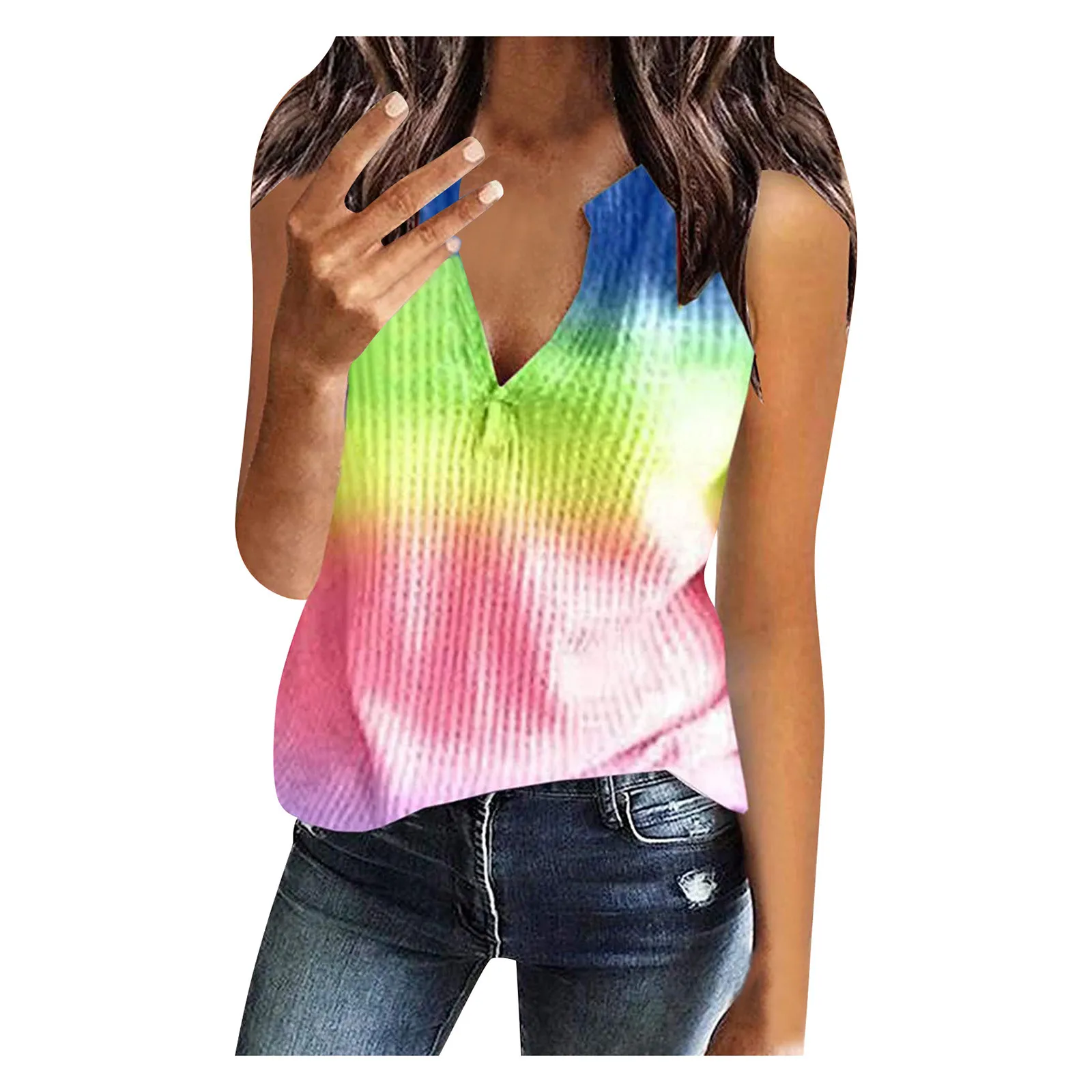 

Summer Womens Sexy Tank Tops Tie Dye Half-open Button Knit V Neck Knit Summer Casual Sleeveless Loose Slim Tops Streetwear 2022