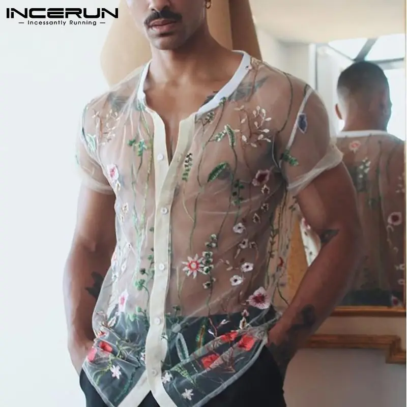 2022 Fashion Men Mesh Shirts Embroidered Short Sleeve Sexy See Through Tops Button Breathable Party Nightclub Shirts INCERUN 5XL