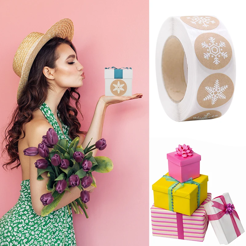 

500pcs 2.5cm Round Kraft Adhesive Sticker Snowflake Seal Labels Handmade Roll Sticker Stationery Scrapbooking Supplies