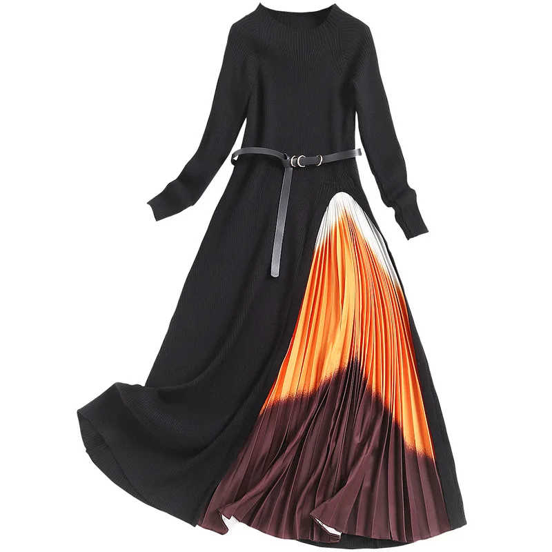

European quality women's knitted dress 2021 spring new sleeve irregular print A-line skirt