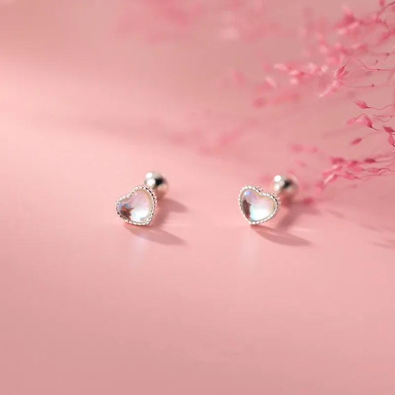 Silver Color Moonstone Heart Pircing Stud Earring For Women Girls Party Elegant Korean Luxury Jewelry Pendientes eh454