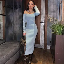 Ahagaga sexy vestidos femininos casual sem costas elegante moda vestido apertado clubwear raglan manga fora do ombro feminino vestido (3)