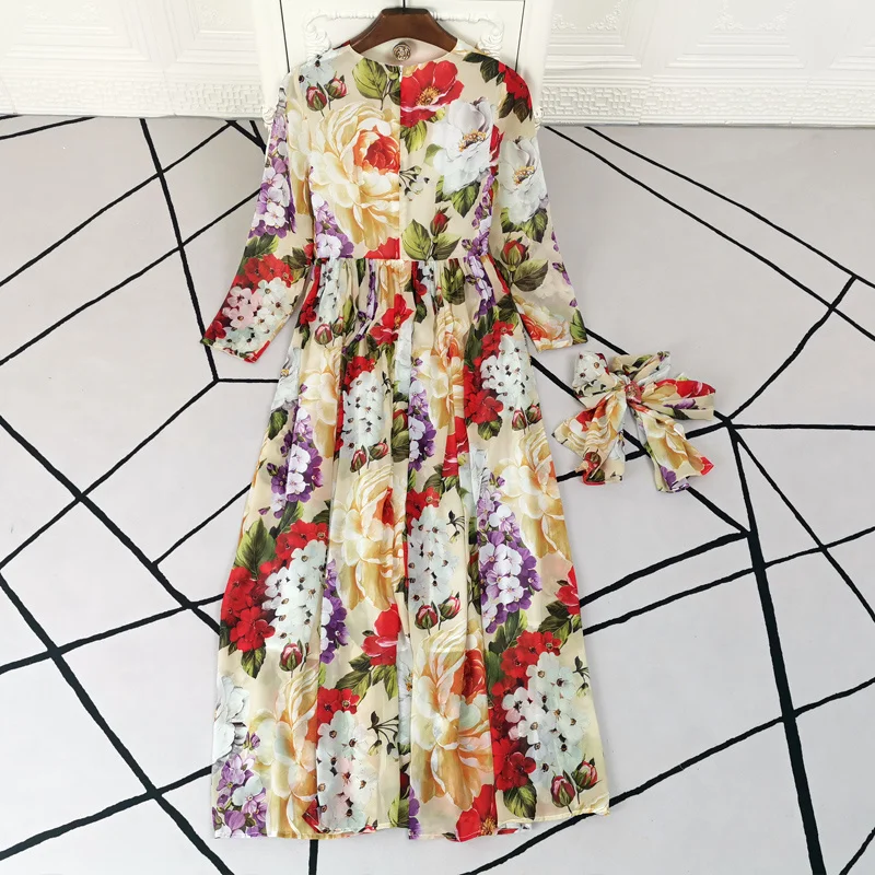 

Long Dress Designer Autumn Women'S Boho High Quality Party Vacation Casual Elegant Chic Flower Print Long Sleeve Chiffon Dresses