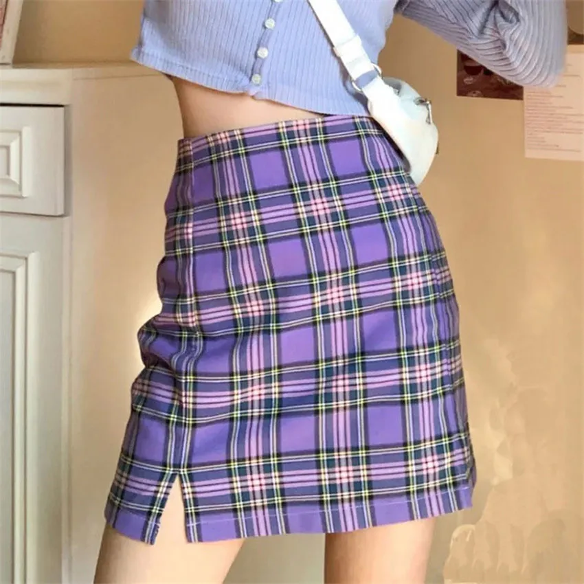 Vintage Plaid Mini Skirts Women Korea Summer Split Office Lady Casual Short Pleated Skirts Mujer 2022 New