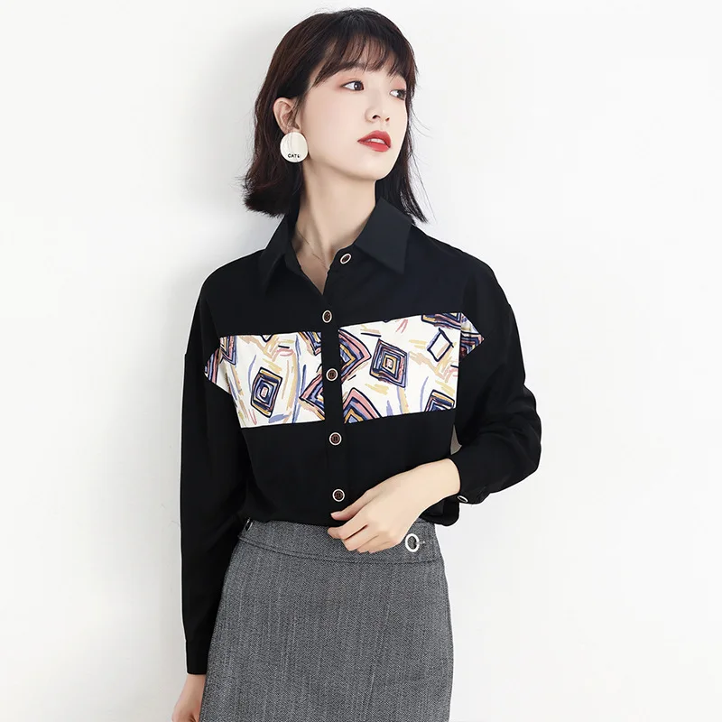 Summer Print Patchwork Long Sleeve Blouse Shirt Women 2022 Fashion Design Button Shirt OL Office Lady Tops