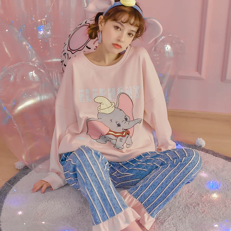Disney Cartoon Dumbo Long Sleeve Pajamas Spring Autumn Cotton Long Sleeve Trousers Suit Printing Anime Fashion Pyjamas Set