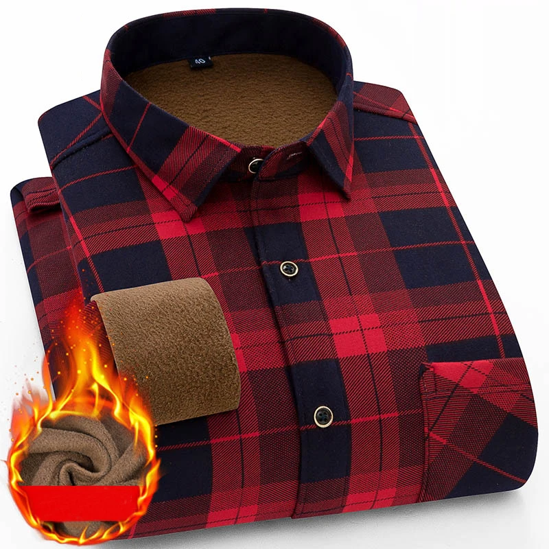 New 2020 Winter Thick Warm Dress Shirt For Men Casual Long Sleeve Plaid Fleece Lining Shirts Fashion Soft Flannel MY203 | Мужская одежда