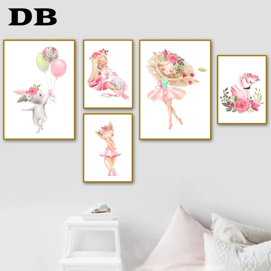 

Cute Girl Rabbit Unicorn Flamingo Rose Flower Nordic Posters And Prints Wall Art Canvas Painting Wall Pictures Kids Room Decor