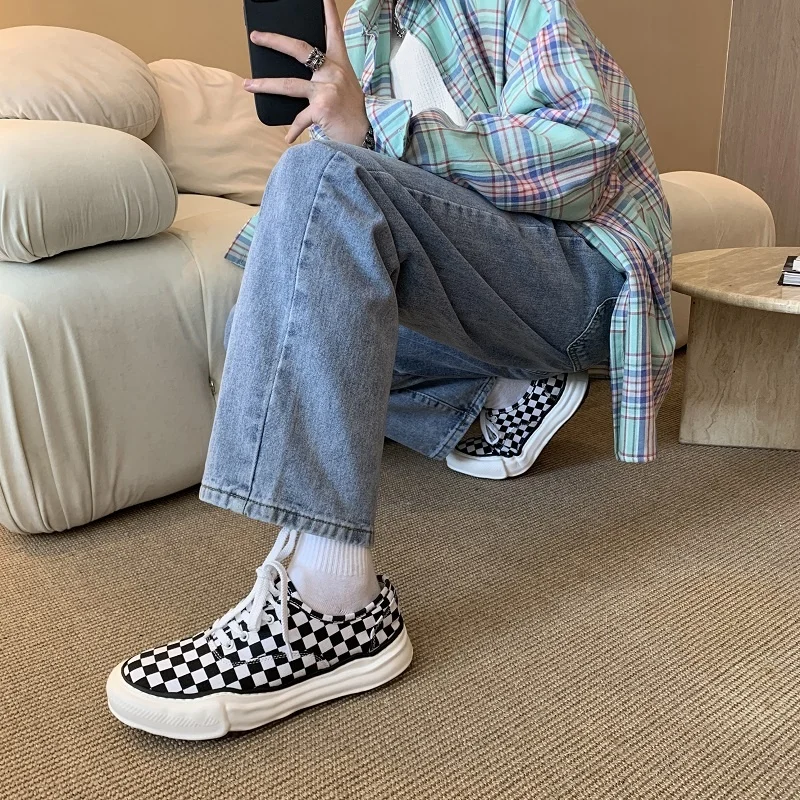 Cotton Black/Blue/White Jeans Men's Fashion Casual Wide-leg Jeans Men Streetwear Loose Hip-hop Straight Denim Trousers Mens