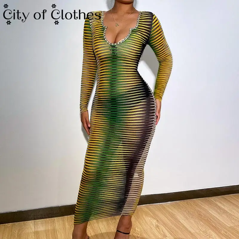 

Colorful Gradient Stripe Women V Neck Long Sleeve Midi Dress Bodycon Sexy Streetwear Party Club Slim See Through Dresses 2021