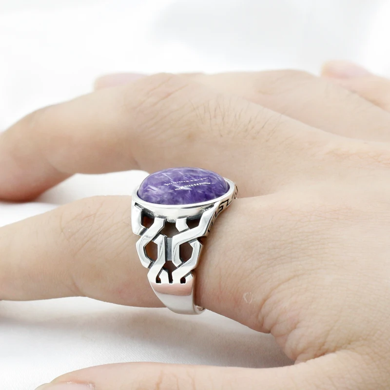 

925 Sterling Silver Man Vintage Ring with Natural Charoite Big Purple Stone Rings Thai Silver for Men Women Turkish Jewelry Gift