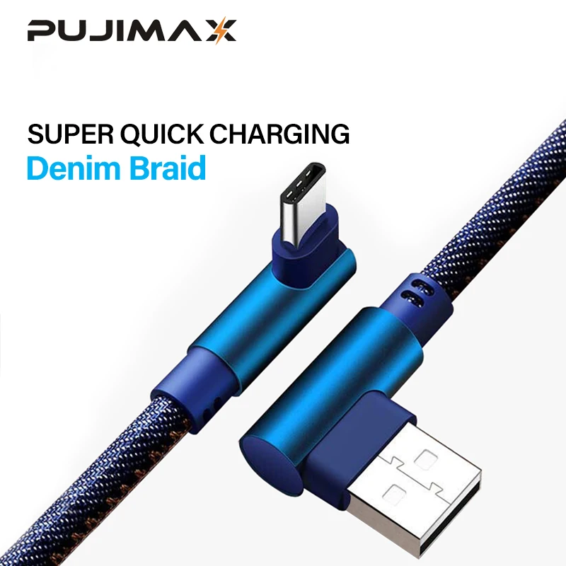 PUJIMAX Denim braid USB Type C 90 Degree Fast Charging cable Type-c data Cord Charger usb-c For Samsung S8 S9 Note 9 8 Xiaomi | Мобильные
