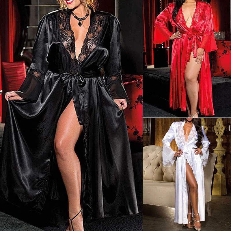 

Womens Sexy Lace Robe Set Simulation Silk Lace See Through Long Robe Sleepwear Nightwear Gown Casual SPA Bathrobe Nightdress