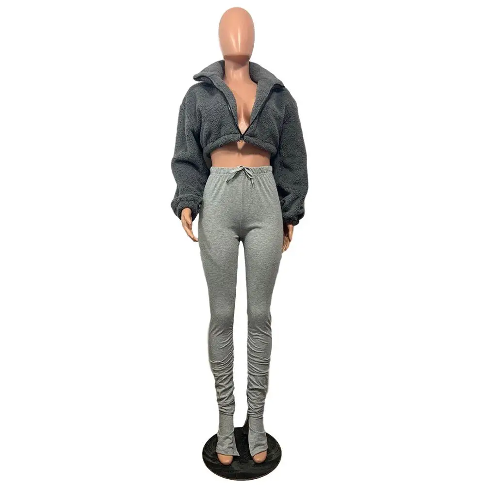 

Fashion Grain Fleece Plush Short Jackets Coat with Slit Stacked Pants Two Piece Set Autumn Winter Club Party Women Sets Outfits