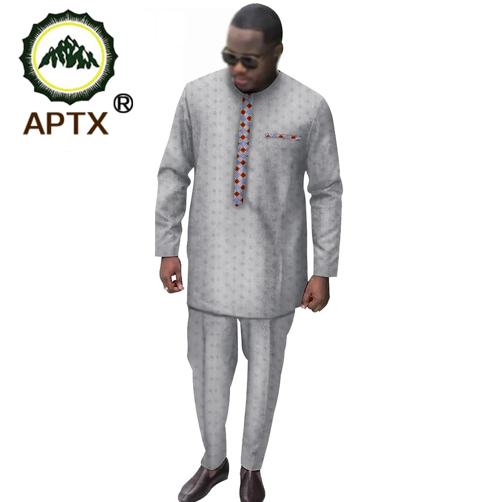 

Dashiki Мужской Топ и штаны, комплект из 2 предметов, комплект одежды, африканская мужская одежда Анкары, жаккардовая рубашка с брюками TS2016003