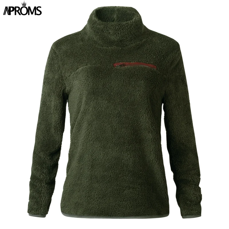Aproms Soft Teddy Turtleneck Hoodies Women Casual Solid Zipper Sweatshirt Pullover Cool Girls Streetwear Warm Tracksuits Jumper - Цвет: Зеленый