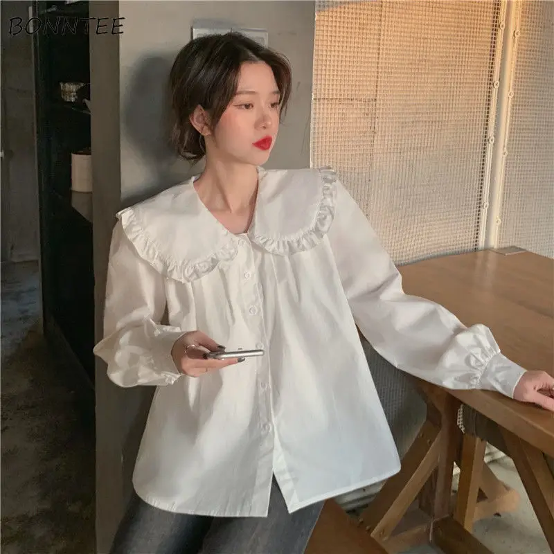 

Women Shirts Retro New Arrival Leisure Pure Simple Peter Pan Collar Sweet Trend Pleated Kroean Loose Cozy Long Sleeve Tops Mujer