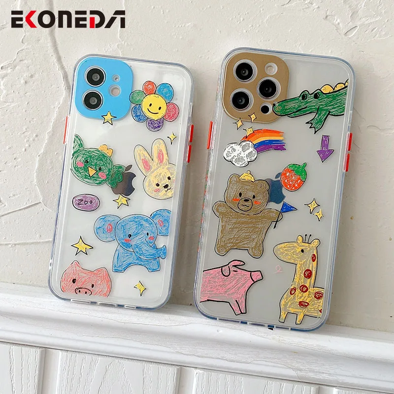 

EKONEDA Cartoon Graffiti Animal Case For iPhone XR X 11 12 Pro XS Max 7 8 Plus SE Case Protective Silicone Soft TPU Back Cover