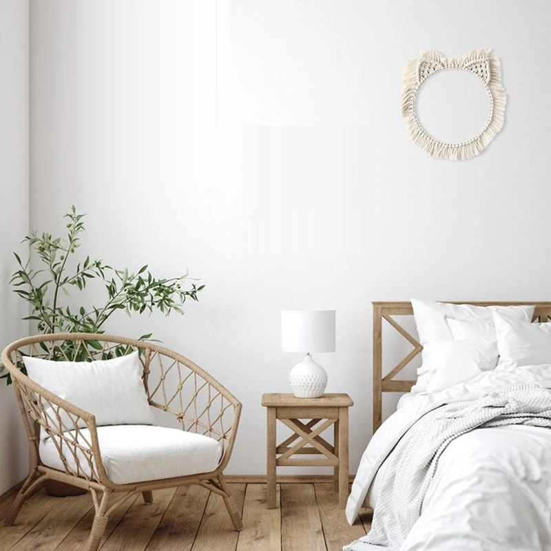 

Macrame Wall Hanging Mirror Frame Handmade Woven Frame Tapestry Round Boho Tassel Mirror for Home Living Room Decor