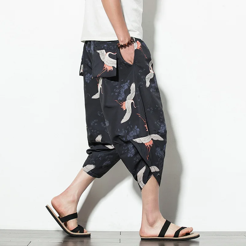 

5XL Summer Men Sweatpants Linen Harem Hippie Wide Leg 3/4 Pants Bloomers Casual Baggy Jogger Running Fitness Workout Yoga Pant