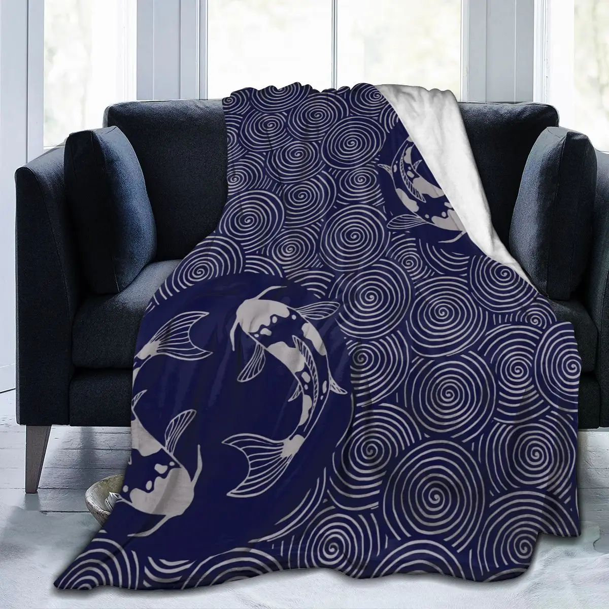 

Soft Warm Flannel Blanket Japanese Waves Koi Carps Blue Print Travel Portable Winter Throw Thin Bed Sofa Blanket