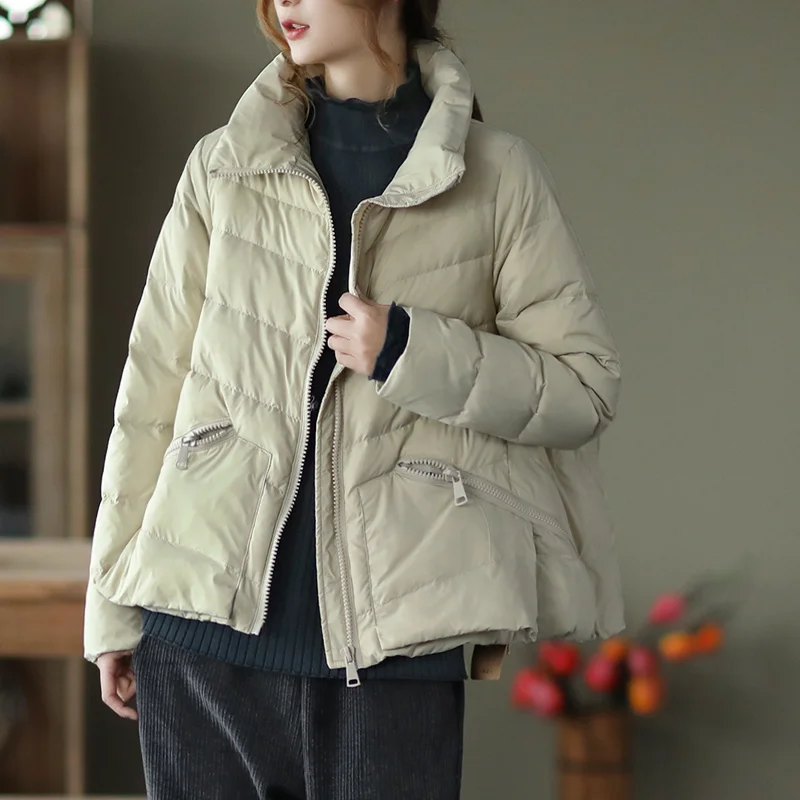 

Winter style Streetwear Women Loose Warm Down Short Coat Winter Female Stand Collar Zipper 90% White Duck Down Parkas Snow