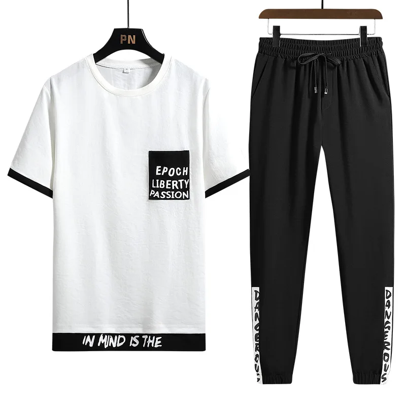 

2021 men's suit hip-hop clothes streetwear spring and summer clothes men's T-shirt + pants two-piece fashion pullover pullover p