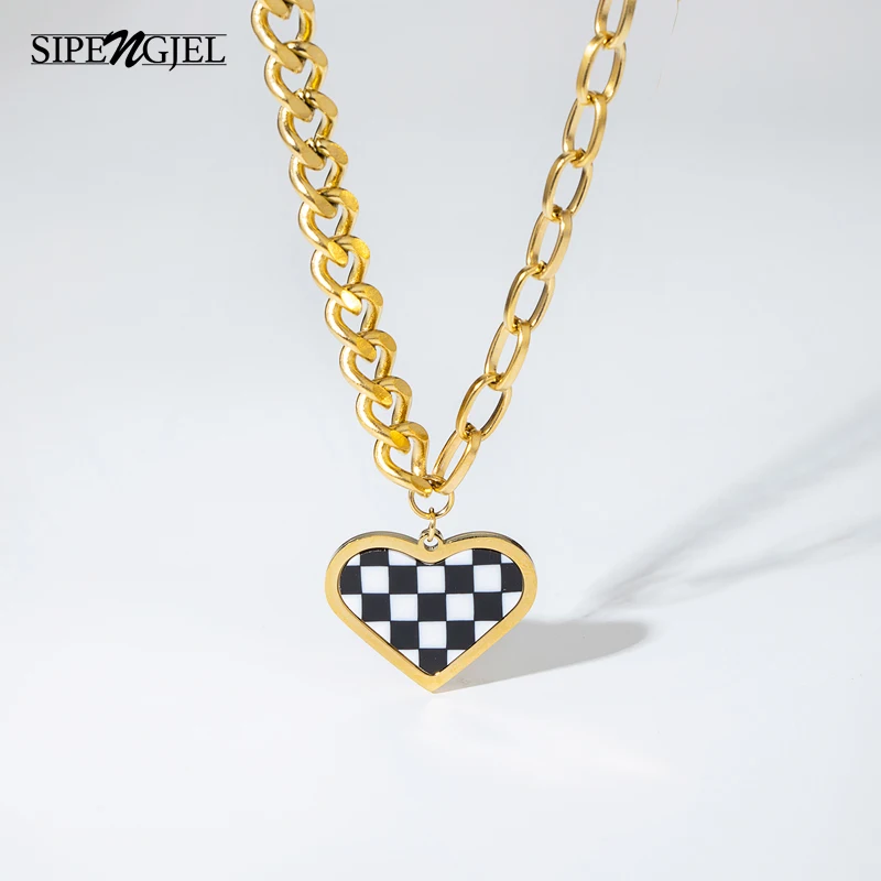 

SIPENGJEL Fashion Ins Stainless Steel Geometric Checkerboard Necklacem Simple Retro Color Neckalce For Women Girls Jewelry
