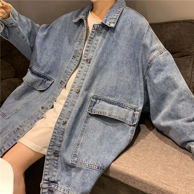 

Куртка женская джинсовая в Корейском стиле, базовая Повседневная Свободная универсальная приталенная, с отложным воротником, в стиле бойфр...