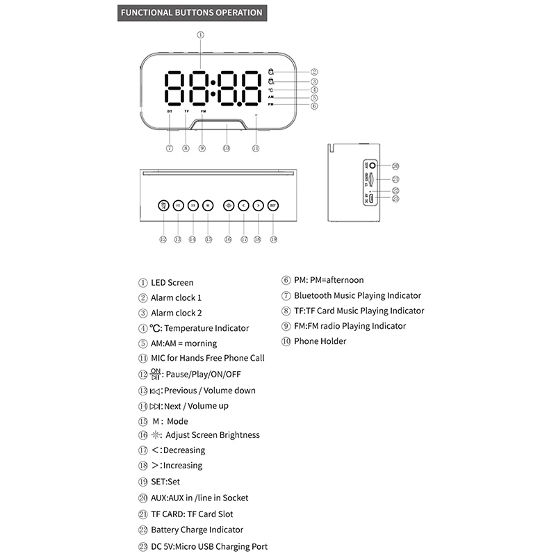 Цифровой будильник со звуковым сигналом Беспроводной Bluetooth колонки Портативный