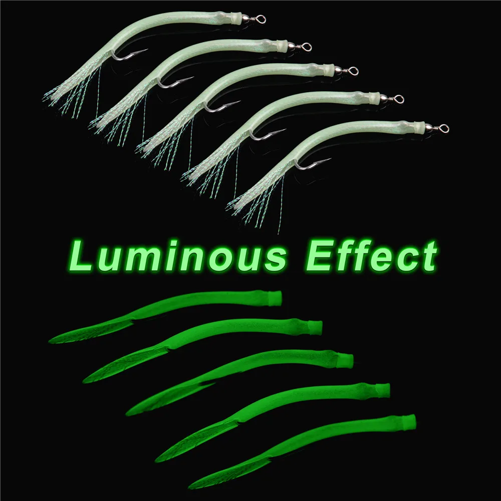 Description Picture 5 of item6Pcs Long shank Fishing hooks striped Bass fishing lure Sand Eel offset hook Luminous Silicone Tube Flash Cod Teaser bait rigs
