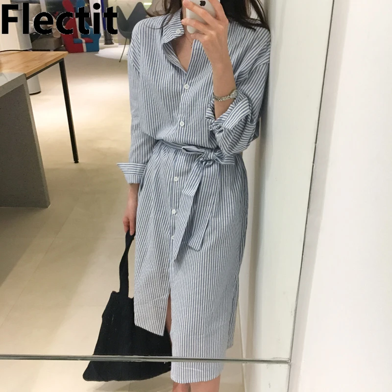 Женское Полосатое платье рубашка Flectit с поясом миди разрезом сбоку пуговицами и длинным рукавом шикарный