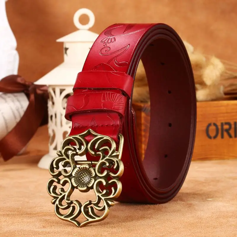 Brand Women Belt Designer Genuine Leather Vintage Carved Flower Strap Girls Ladies' Belts For Jeans Smooth Buckle Accessories - Цвет: Product color