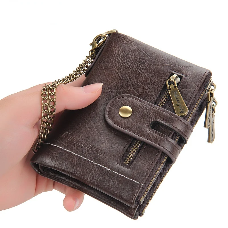 

2021 New Designer Men Wallet Leather Zipper Hasp Coin Purse Short Tri-fold Card Holders Chain Vertical Wallets Male Walet Pocket