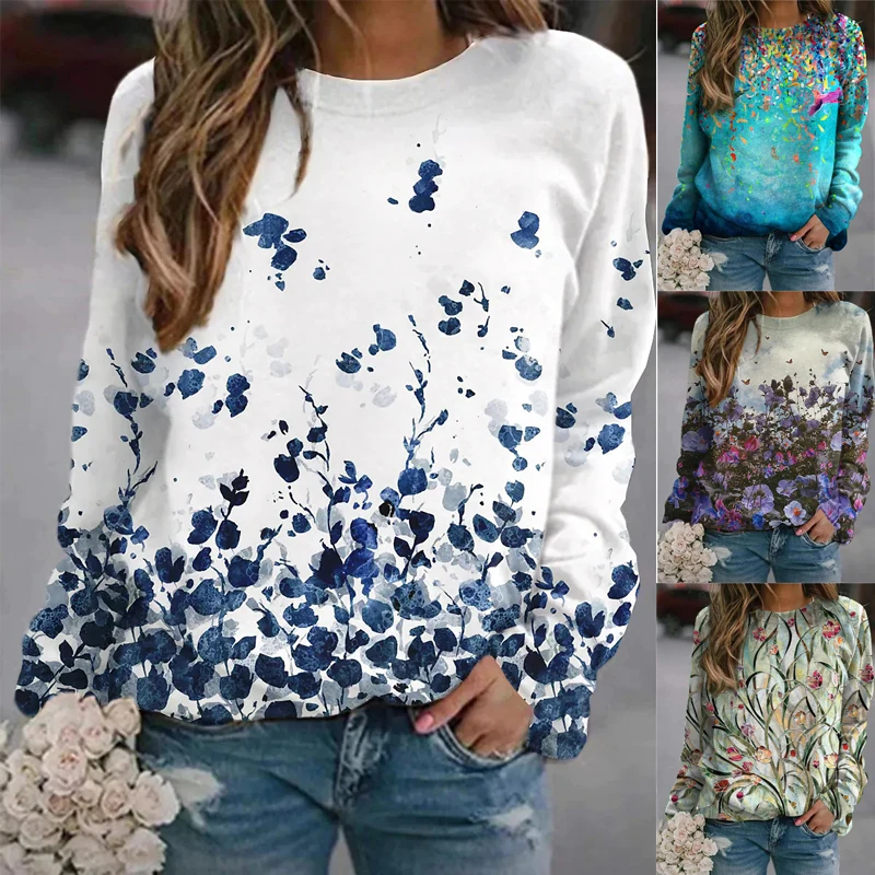 

2021 Autumn and Winter Women's Tops Floral Print Loose Long-sleeved Round Neck Sweater New Casual Pullover Women's T-shirt