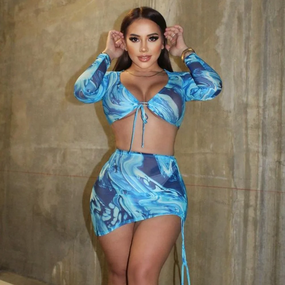 

Женский комплект одежды, однотонное летнее пикантное бюстье на завязках, Топ с длинным рукавом и Асимметричное мини-платье на шнуровке