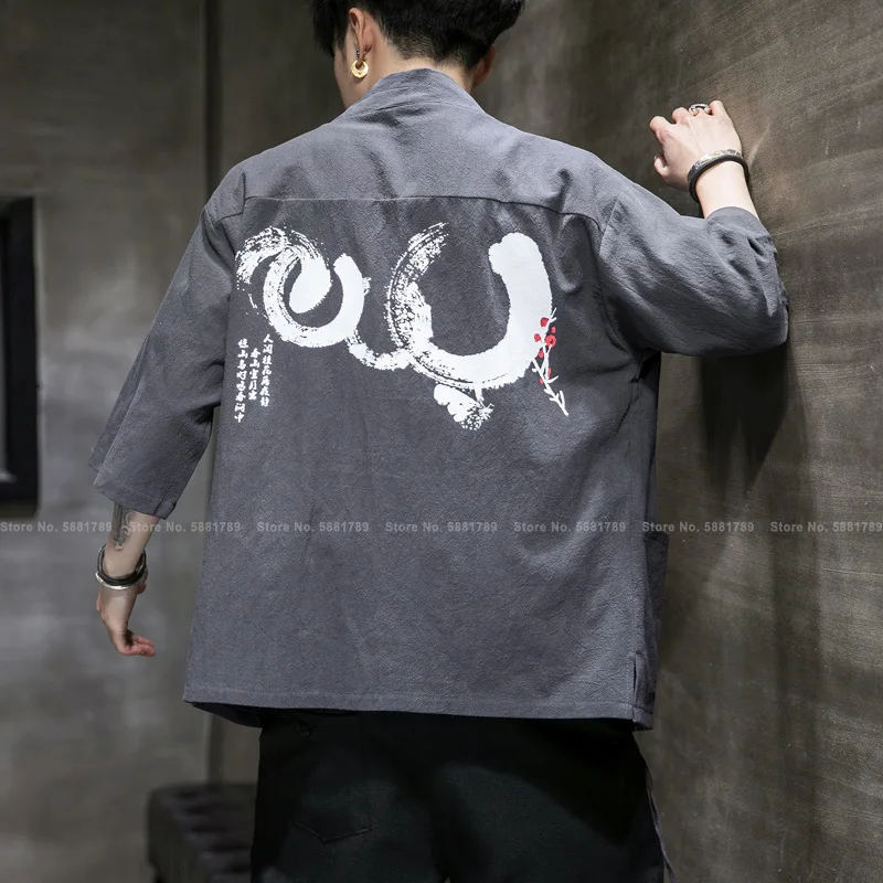 Men Chinese Style Hanfu Retro Printed Tang Suit Robes Cloak Shirts Cardigan Casual Jackets Stand Collar Lace Up Coats Streetwear |
