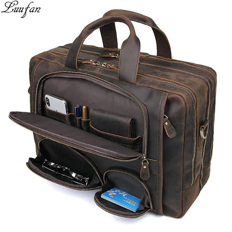 Multifunction Crazy horse Genuine Leather Men Briefcase 17" Laptop business Bag tote Vintage Male Big Shoulder Bag Travel Duffel