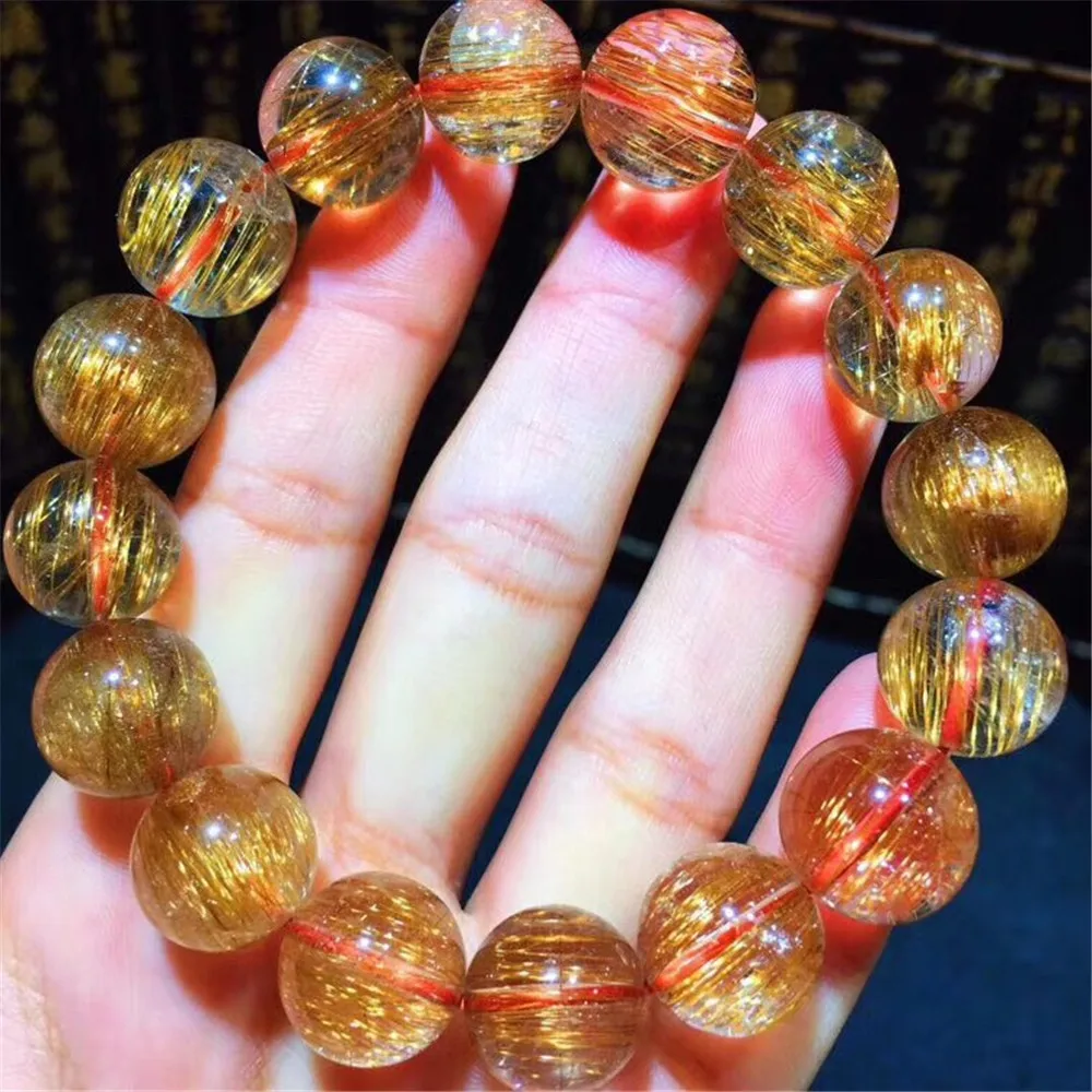 

13mm Top Natural Copper Rutilated Quartz Bracelet For Women Man Crystal Cat Eye Round Beads Stretch Wealth Stone Strands AAAAA