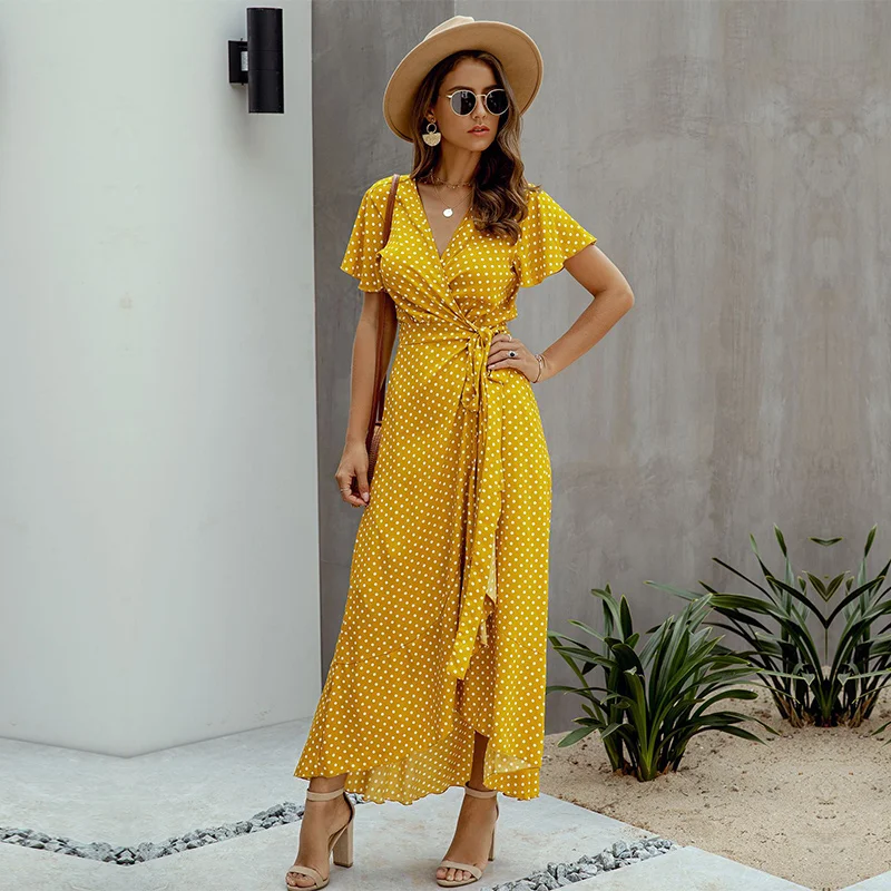 

Summer Dot Print Dress Women Casual Ruffles Lace Up V-neck High Waist Short Sleeve Long Dress 2020 New