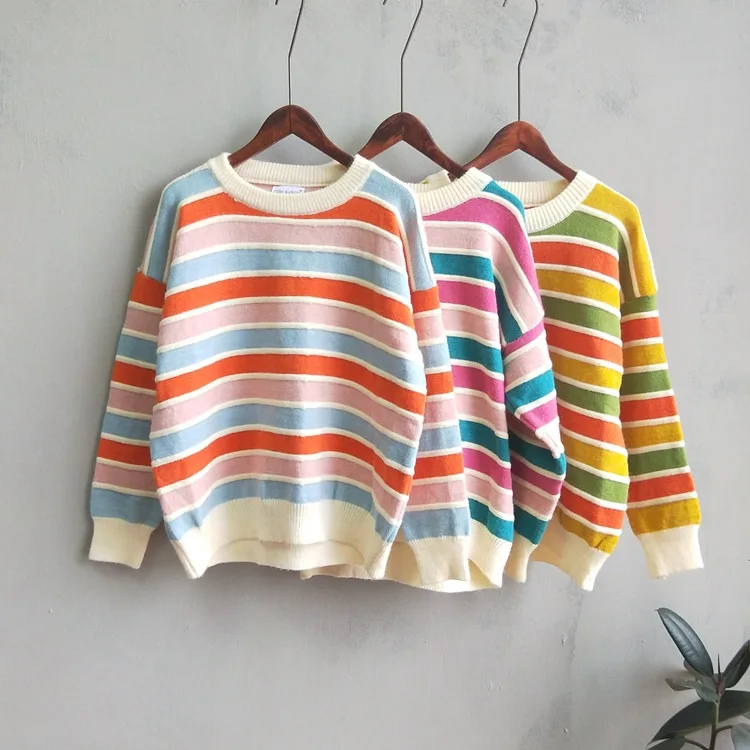 

Good Quality Soft Winter 2020 Rainbow Color Stripe Sweaters Women Chic Long Sleeve Casual Knitted Pullover Sweater