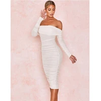 sexy bodycon dress autumn women double layer mesh pleated long sleeve midi dresses solid color off shoulder elegant party dress