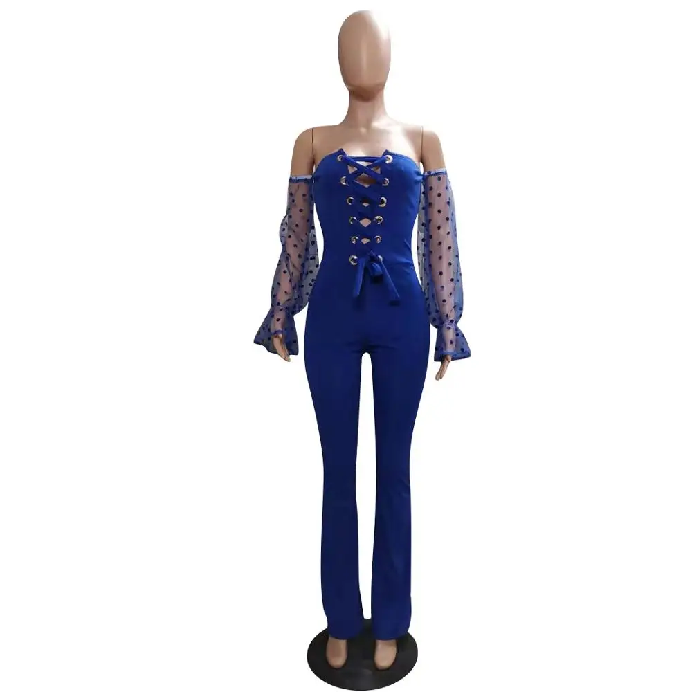 

2019 Hollow Out Bandage Casual Overalls Strapless Dot Print Mesh Lace Long Sleeve Slim Rompers Women Sexy Black Club Jumpsuits