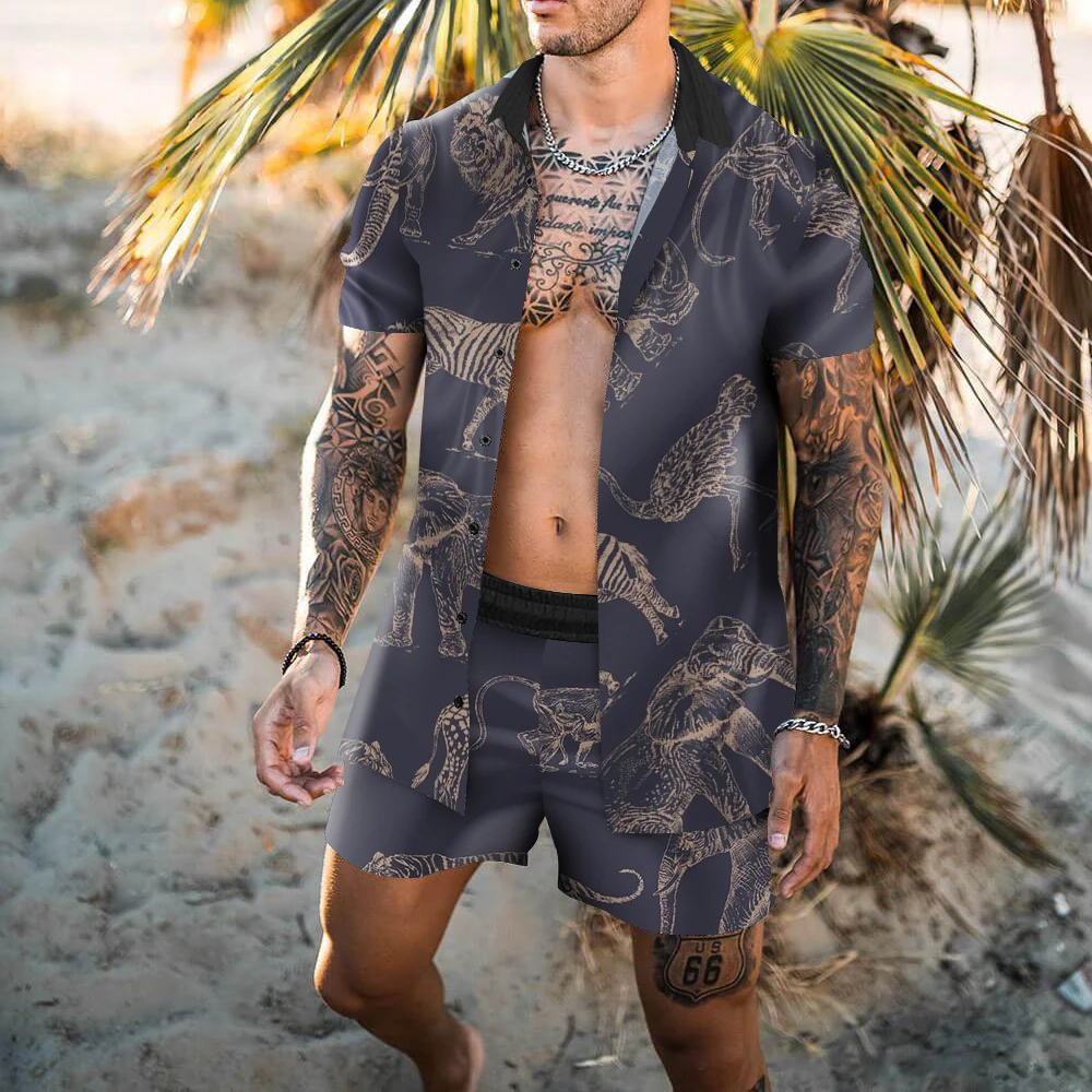 

Fashion Hawaiian Printed Men's Suit 2021 Summer Button Short Sleeve Shirt + Beach Shorts Casual Harajuku Street Two-piece Suit