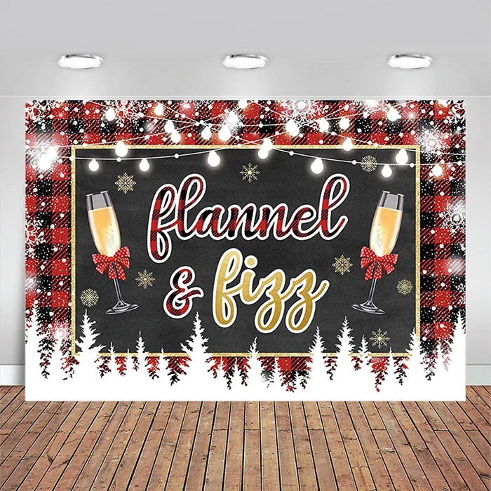 Flannel and Fizz Party Backdrop Winter Buffalo Plaid Snowflake Background Bachelorette Bridal Shower Birthday Christmas Banner